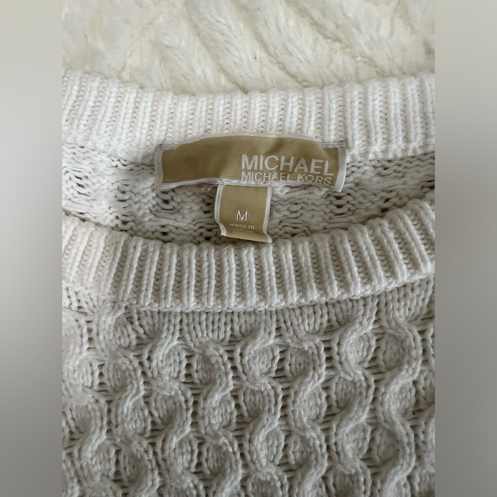 Michael Kors White Cold Shoulder Sweater Medium Cable Knit Hi Low Hem Cozy Chic - Picture 6 of 14